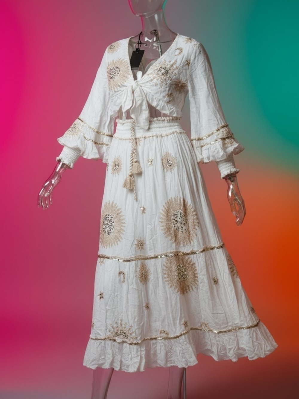 Boho White Maxi Skirt with Gold Sunburst Embroidery